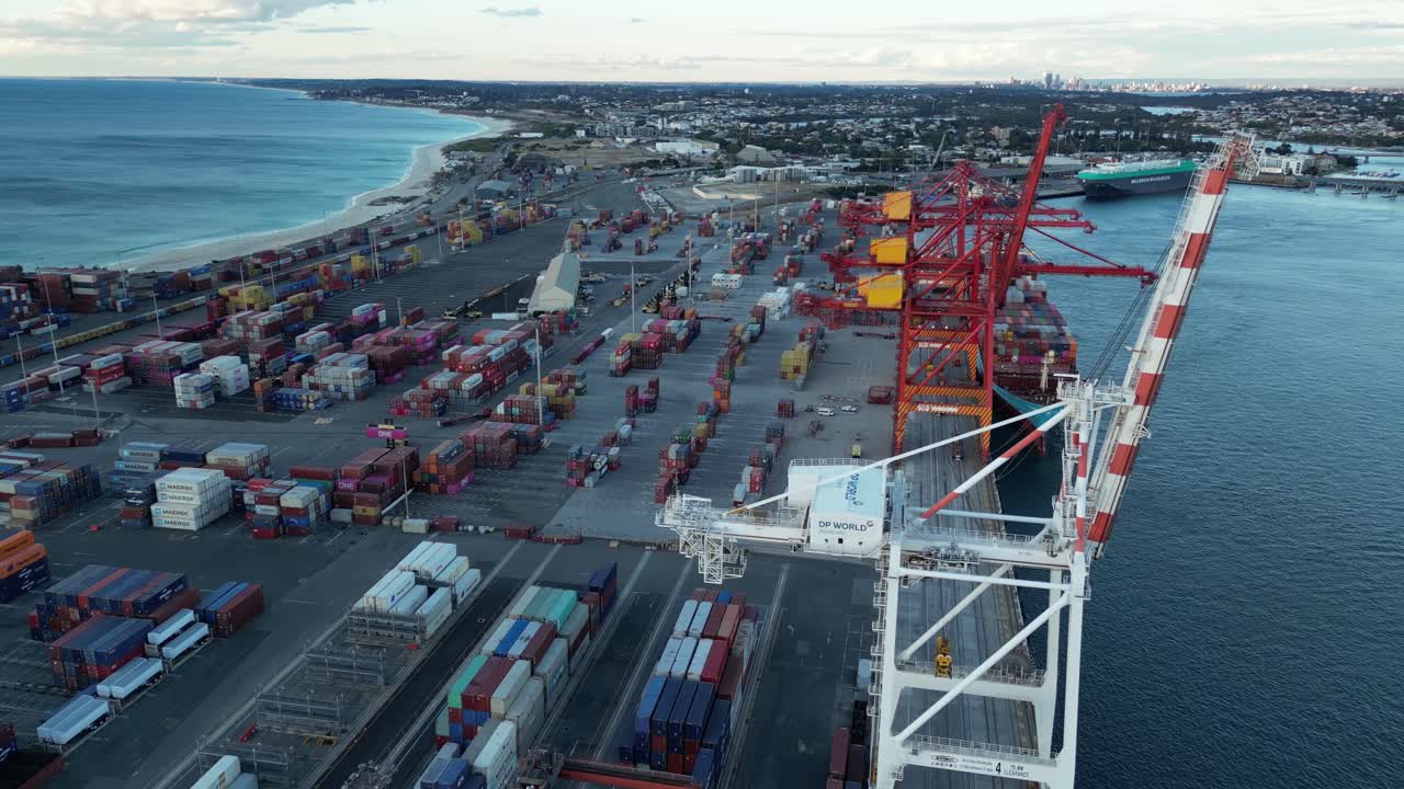 Drone Flyover Port of Fremantle in Perth City Australia Harbor With Cranes and Containers
