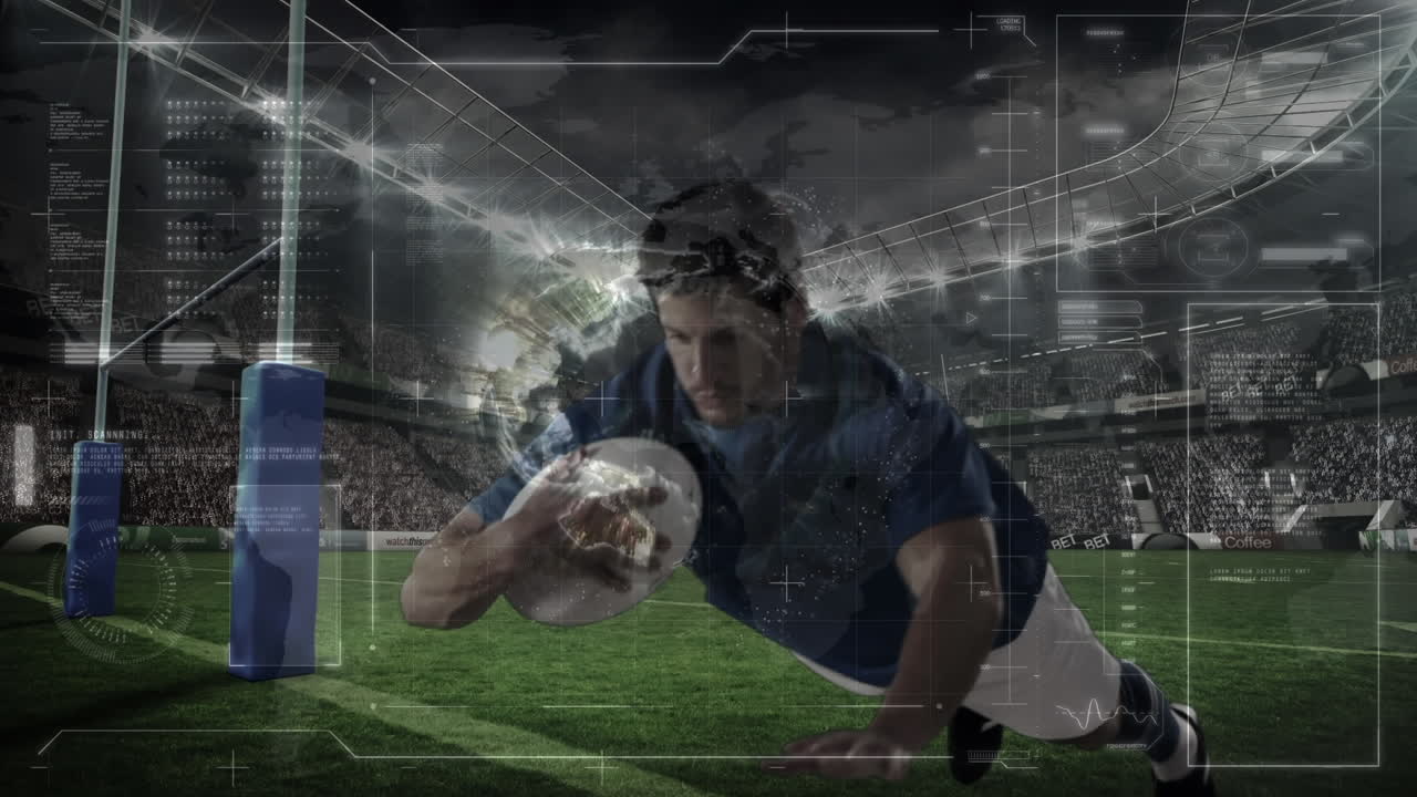 스포츠 경기장에서 럭비 경기 중 럭비 선수에 대한 데이터 처리 애니메이션