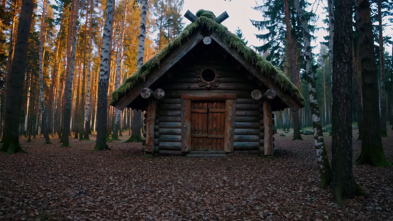 cabaña de madera rústica en un bosque al amanecer o al atardecer