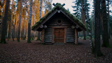 rustic wooden cabin in a forest at sunrise/sunset