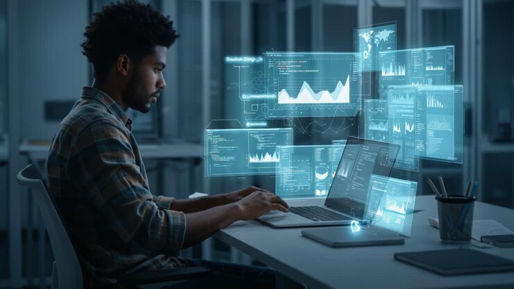 En fokusert person bruker avansert teknologi, analyserer data og visualiseringer på en bærbar datamaskin i et futuristisk arbeidsområde, noe som gjenspeiler dedikasjon og innovasjon
