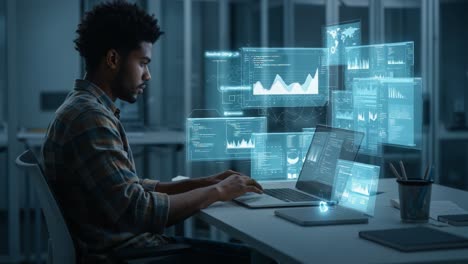 a focused individual engages with advanced technology, analyzing data and visualizations on a laptop amidst a futuristic workspace, reflecting dedication and innovation