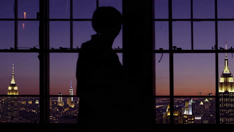 silhouette of person looking at new york city skyline at dusk