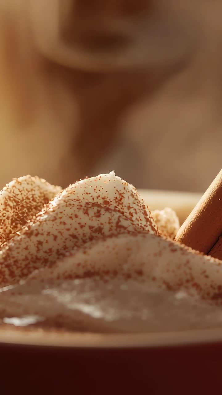 Vertical video: Steaming cup with cocoa-dusted cream and cinnamon stick sending vapor wisps in cafe