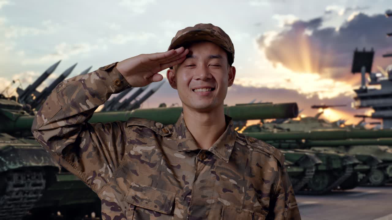 Primer plano de un soldado asiático saludando y sonriendo de pie junto a un tanque