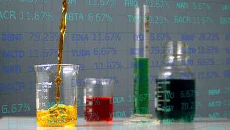 animación del procesamiento de datos financieros sobre líquido que se vierte en vasos de laboratorio
