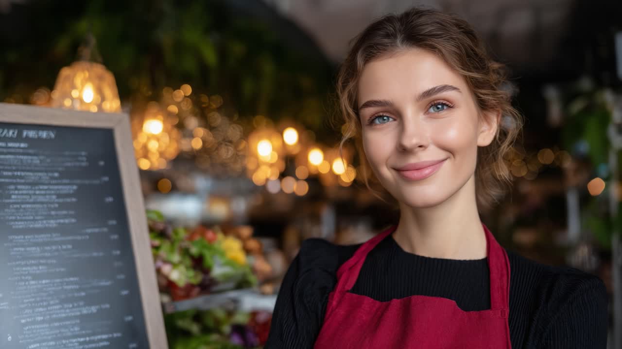 Et varmt smil fra en ung kvinde p? en smart caf? omgivet af frodigt gr?nt og funklende lys, perfekt indfanget i et ?jeblik af g?stfrihed og gl?de