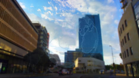 digital globe overlay floating above street scene showing skyscraper and vehicles in flat design