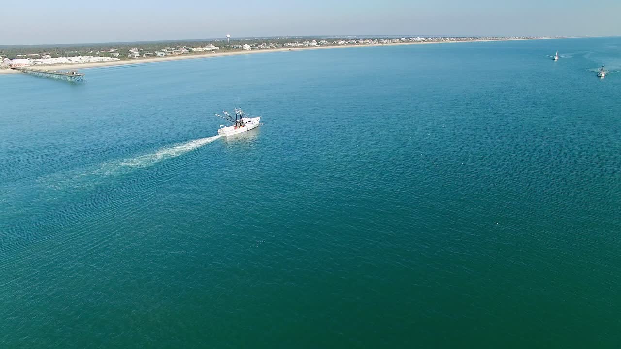 A White Trawling Shrimp Boat, Aerial Shot Approaching the Fishing Vessel, Cinematic Fly-in