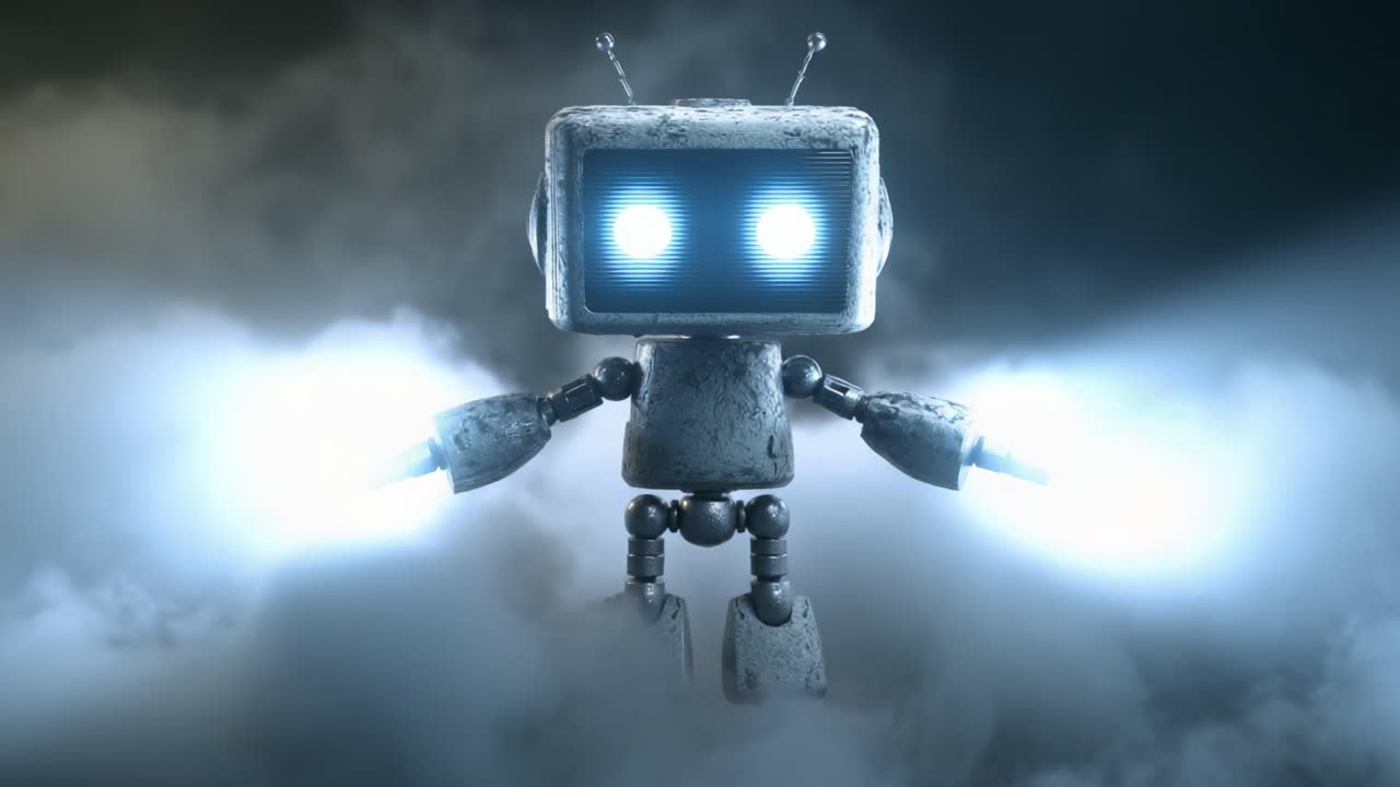 A whimsical and imaginative robot character emerges from the mist, showcasing a blend of futuristic design and playful charm, equipped with bright glowing lights and a distinct textured appearance that captivates the viewer
