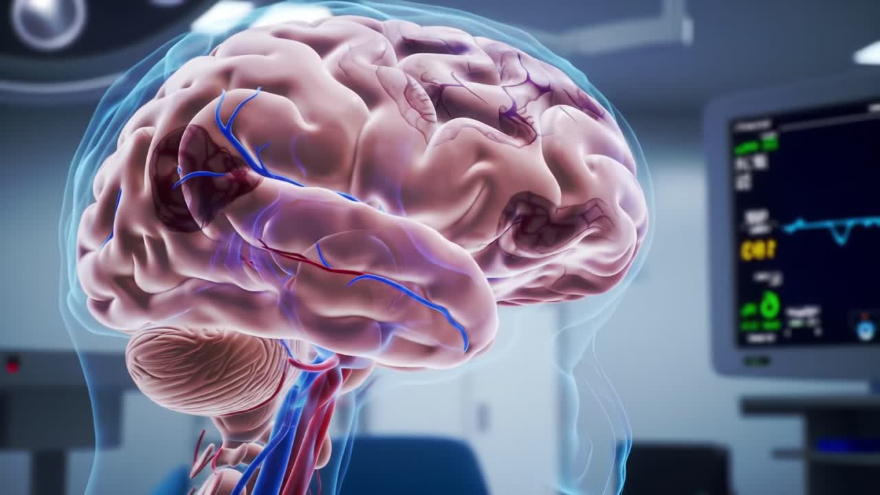 Detailed Visualization of the Human Brain's Structure and Functionality, Highlighting Circulation and Neural Connections in a Medical Environment