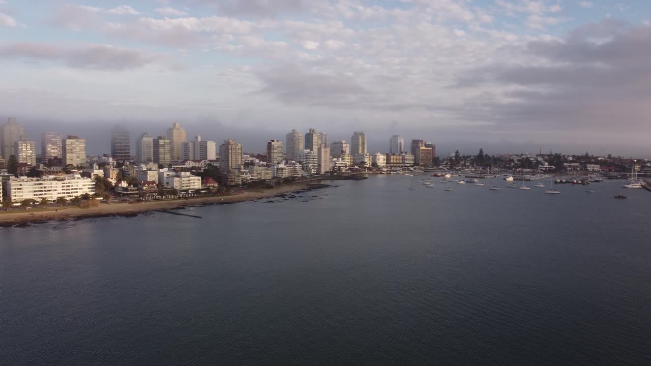 horizonte de la playa de la ciudad de punta del este en uruguay con puerto y rascacielos