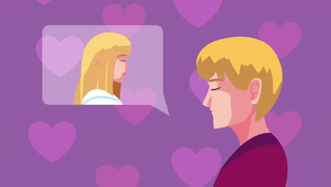 happy valentines day card with blond man thinking in woman