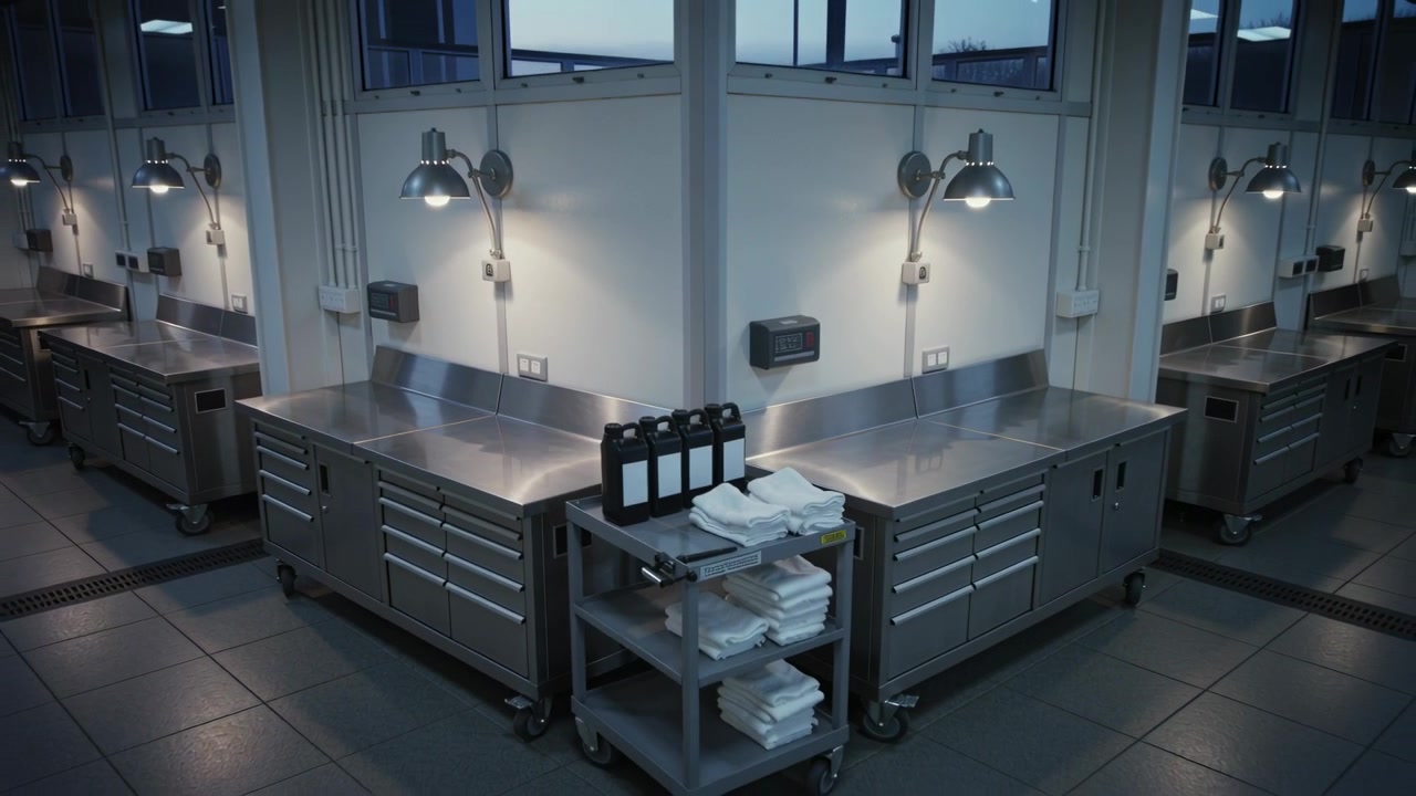 Pulling back camera revealing steel counter with cart in prep room showing linens, bottles
