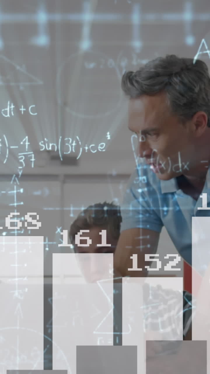 animación de estadísticas y ecuaciones matemáticas sobre maestros y escolares caucásicos