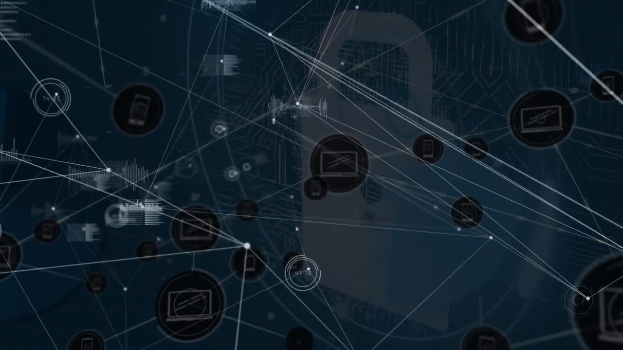 animación del icono con líneas que conectan puntos contra el procesamiento de datos con bloqueo en la interfaz digital