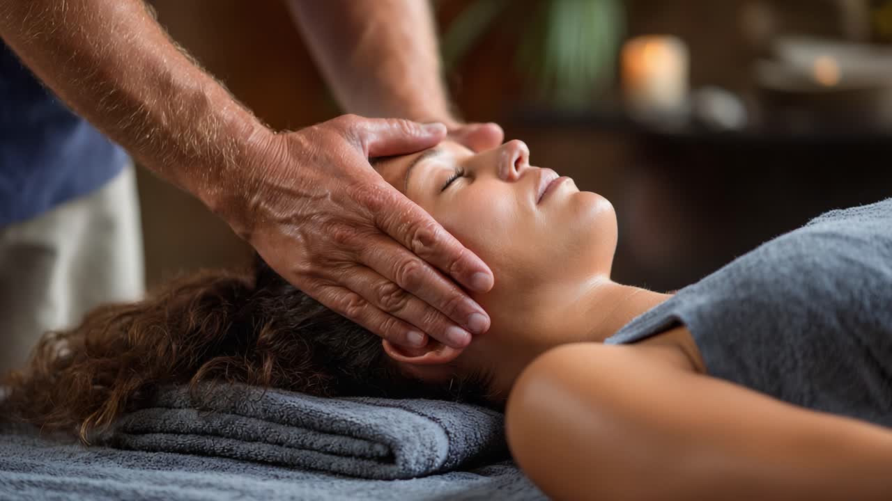 Relaxation and Rejuvenation: A Skilled Practitioner Performs a Soothing Head Massage on a Client to Promote Wellness and Stress Relief in a Serene Environment