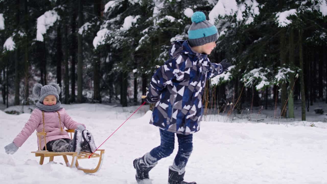 video de un niño tirando de un trineo con su hermana pequeña en la nieve