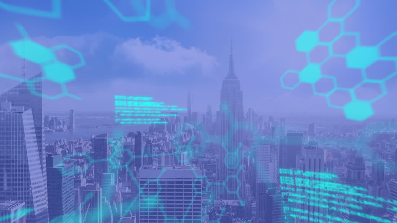 animación del procesamiento de datos científicos sobre el paisaje urbano sobre fondo azul
