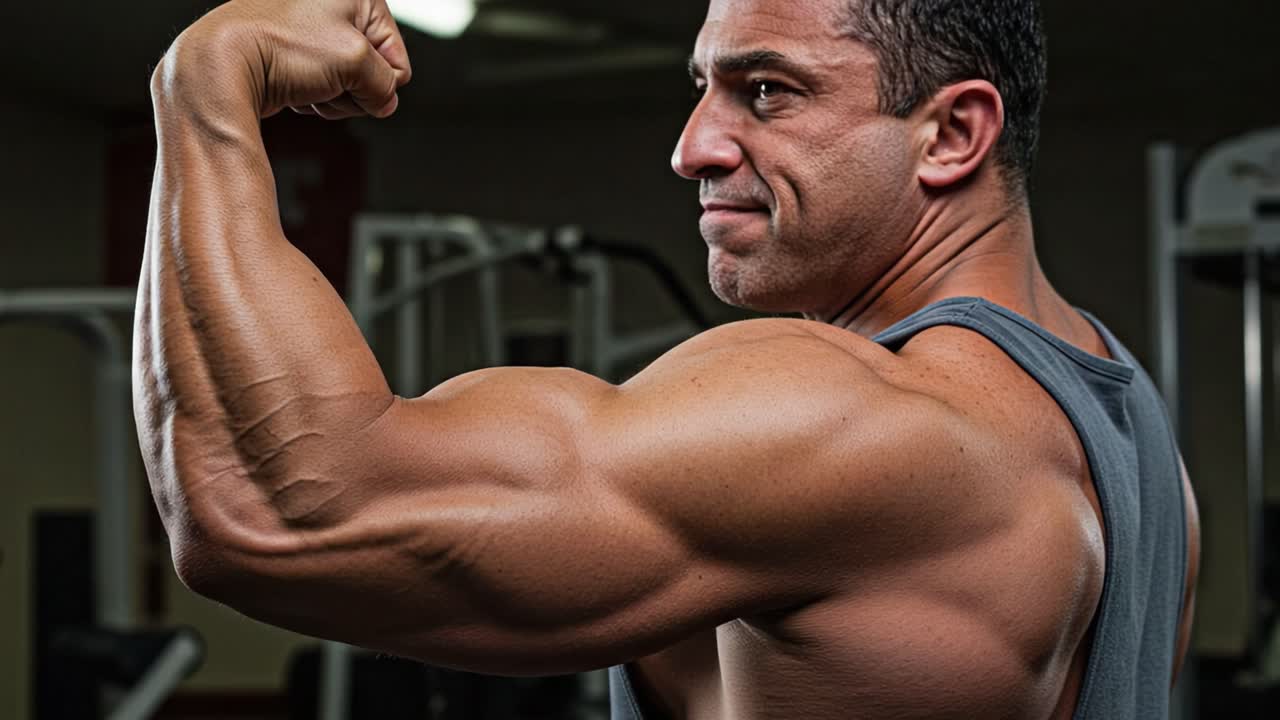 Muscular Fitness Showcase: A close-up view of a man flexing his arm in a gym setting, emphasizing strength, dedication, and the results of hard work in bodybuilding