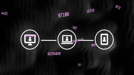 animation of digital icons over scientific data processing on black background