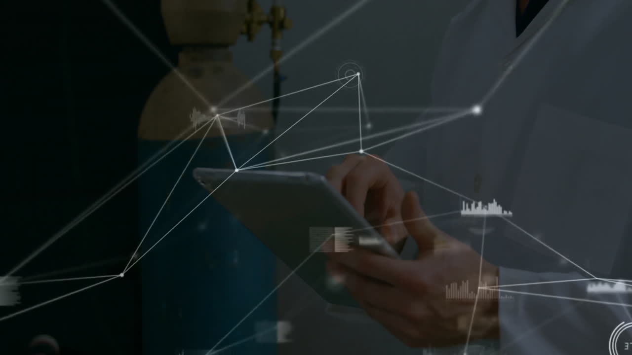 Animation of networks and data processing over caucasian male scientist in laboratory
