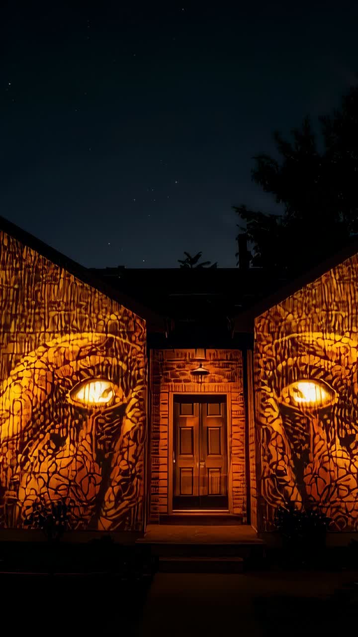 Vertical video: Projecting amber eye motifs pulsing across brick wall at night, showing wooden door