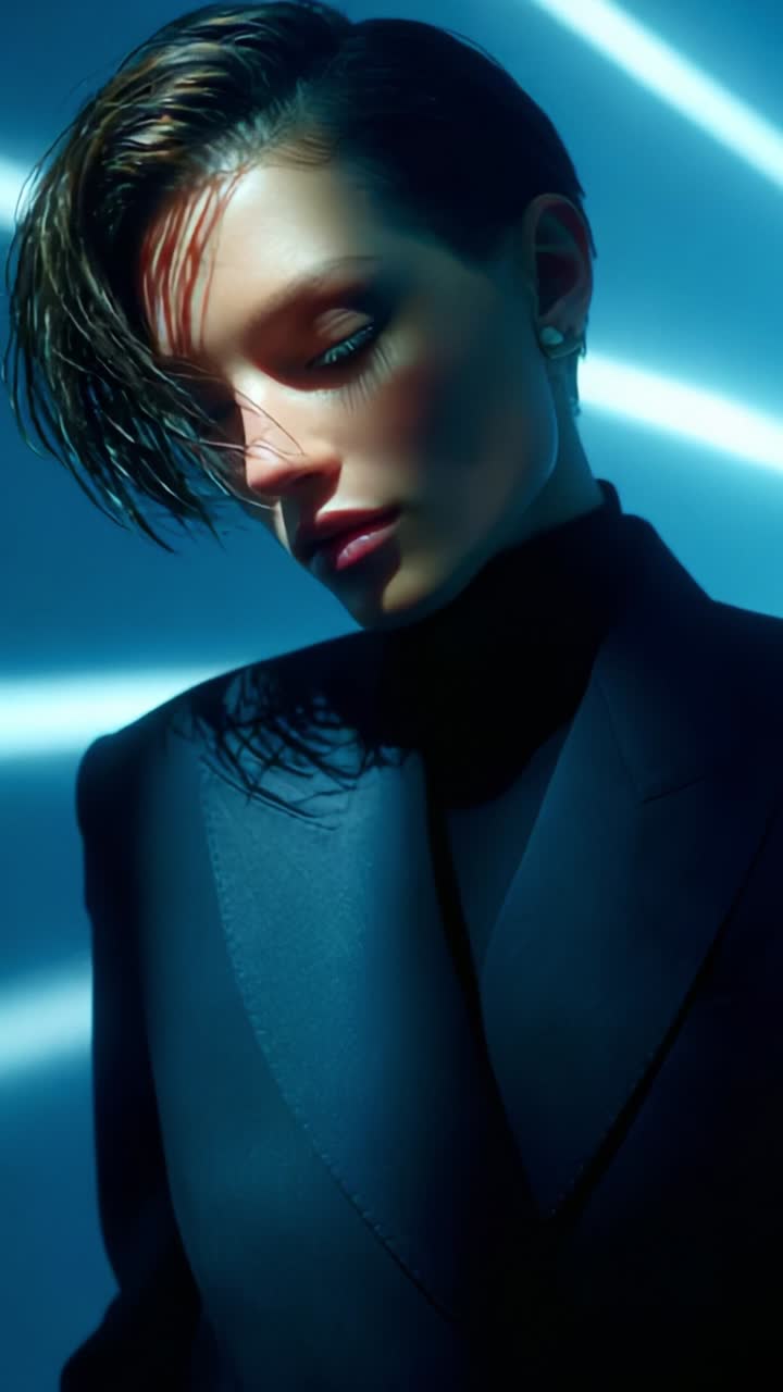 A Stylish Portrait Featuring a Confident Individual with Short Hair Dressed in a Sleek Black Suit, Illuminated by Striking Blue Light Beams and Shadows