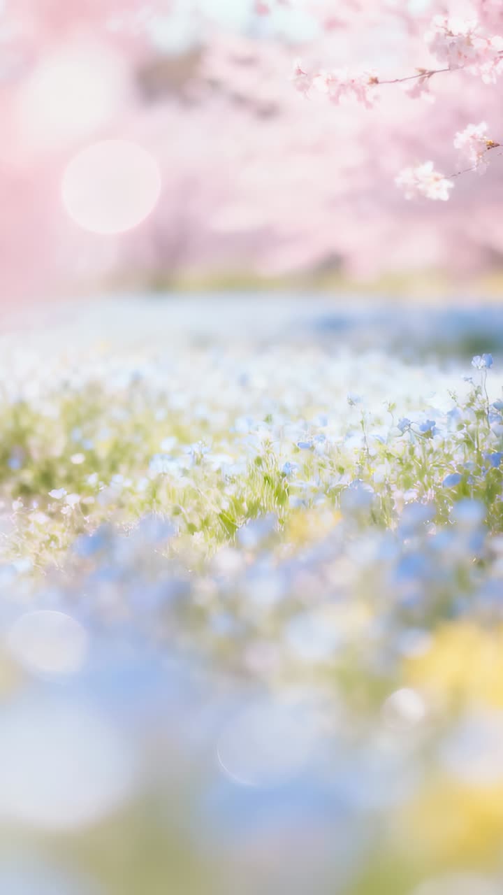 Vertical video: Camera shifting focus, bringing blue blooms into focus at park with pink bloom