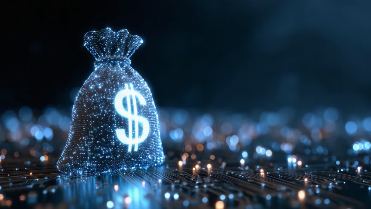 A Digital Representation of Wealth: Explore the Innovative Concept of a Money Bag Manifested Through Neon Lights and Futuristic Imagery in a Virtual World