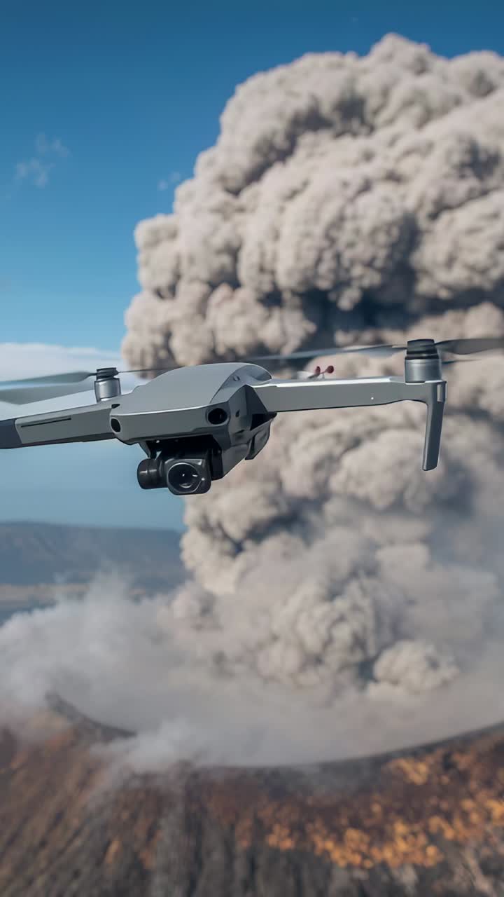 Vertical video: Hovering gray quadcopter drone filming over volcanic crater, ash column rising