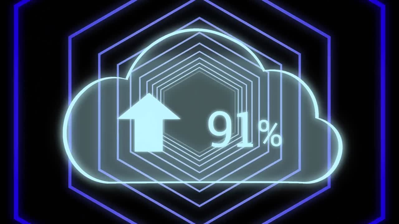 네온 육각형 위에 점점 더 많은 수의 구름의 애니메이션