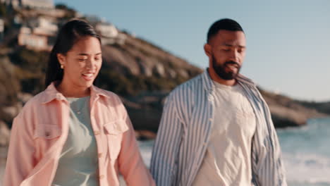 happy, holding hands and walking with couple