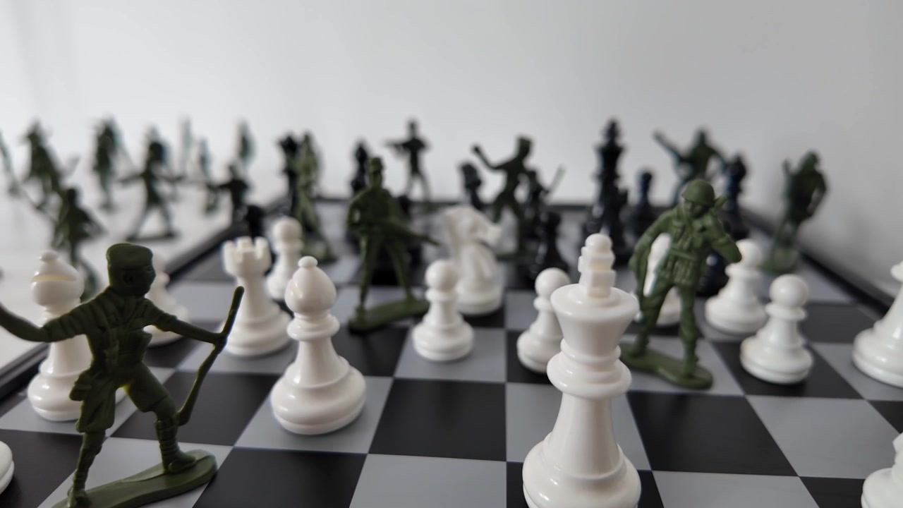 Miniatursoldater og skakbrikker i en kampstrategiscene.