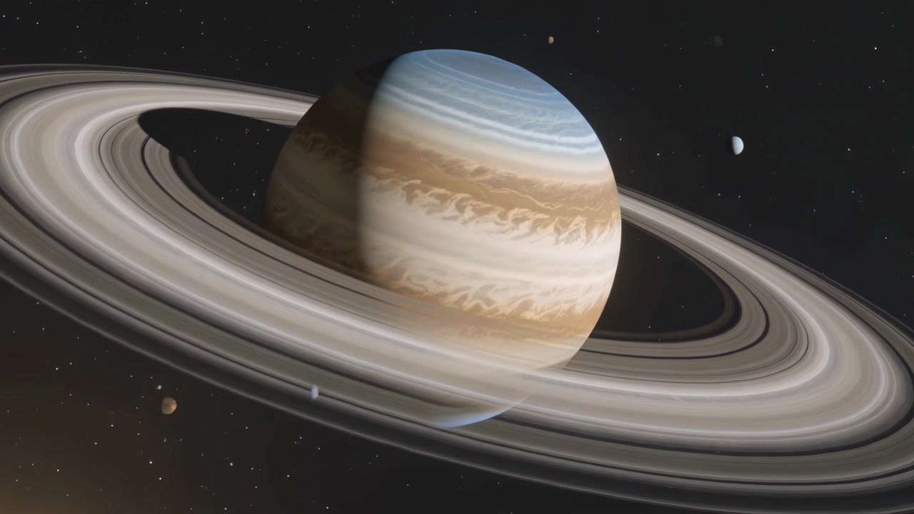 Una telecamera in movimento circonda un gigante gassoso anellato nello spazio profondo, una stella luminosa rivela gli anelli per mostrare le lune.