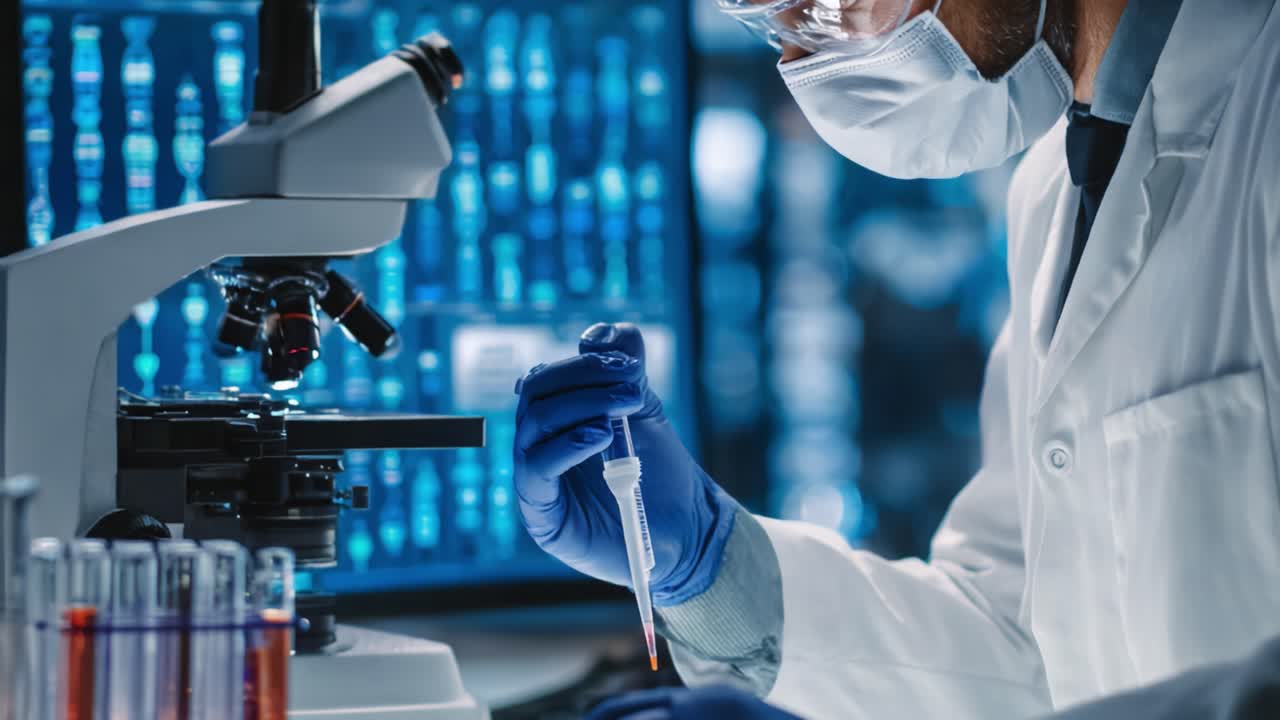 Scientist in a Laboratory Conducting Research with a Microscope and Pipette, Analyzing Samples to Advance Scientific Understanding and Discoveries in Modern Biotechnology