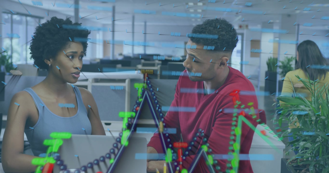 Woman tapping laptop while colleague examining rising 3D tech chart graph for data analysis