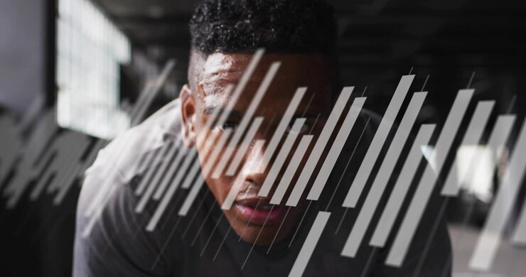 Male athlete leaning into camera, animated bars sweeping lens revealing face for fitness