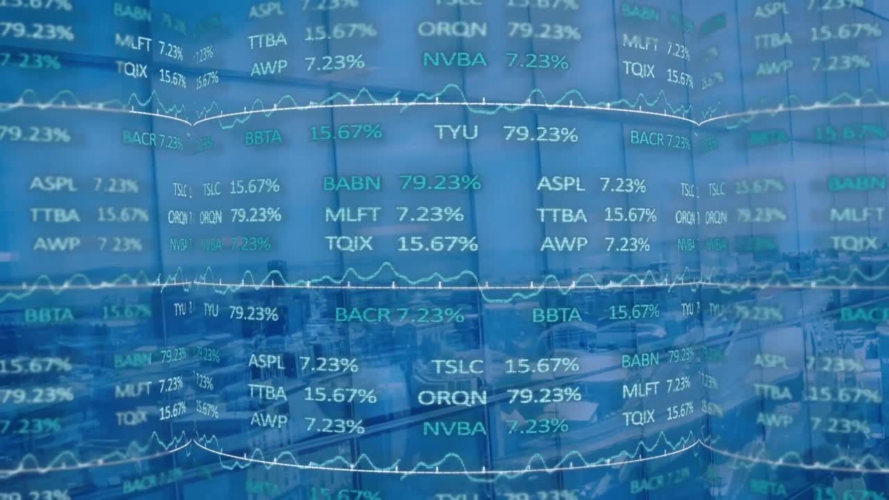 Animation of stock market over cityscape