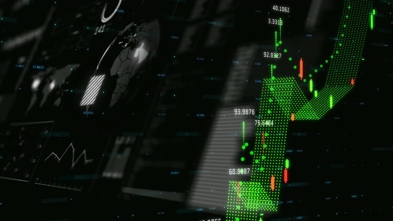 Dot-matrix trend lines forming candlestick chart on dark interface showing drifting data labels