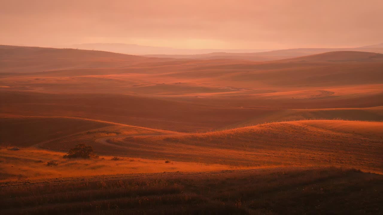Moving camera revealing rolling grassy hills and winding dirt track at sunrise, capturing warm haze