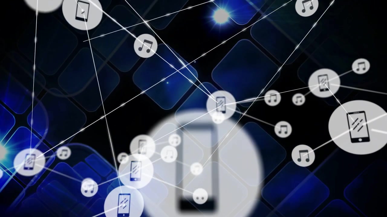 Smartphone-node vises, forlænger linje, skaber musik- og telefon-noder, danner teknisk netværk.
