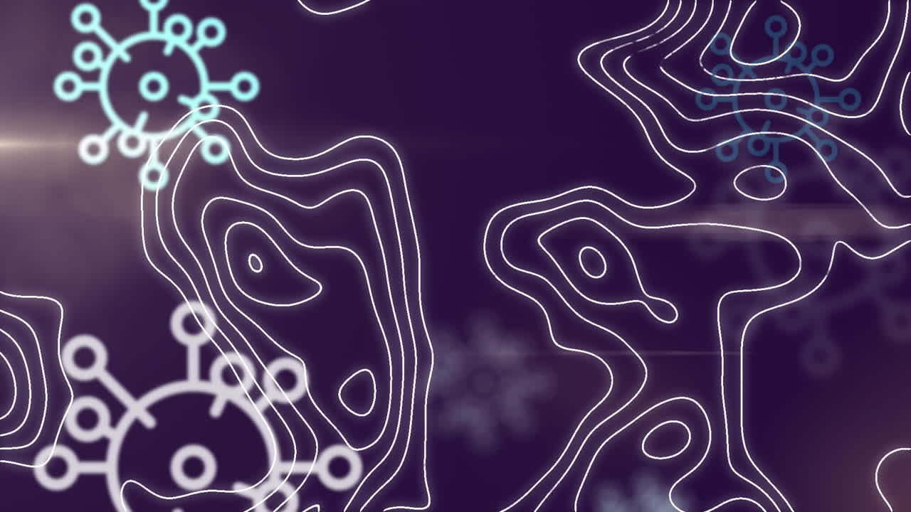 animación digital de la topografía sobre las células de covid-19 iconos flotando contra un fondo azul