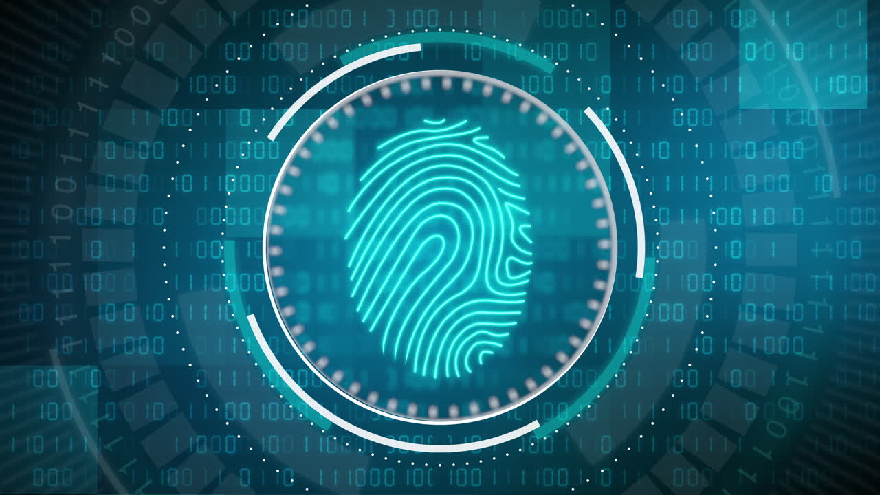 Animation of the fingerprint scanner. Motion digital elements and 3D graphics with binary code. Biometric identification. Looped animation on a blue background.