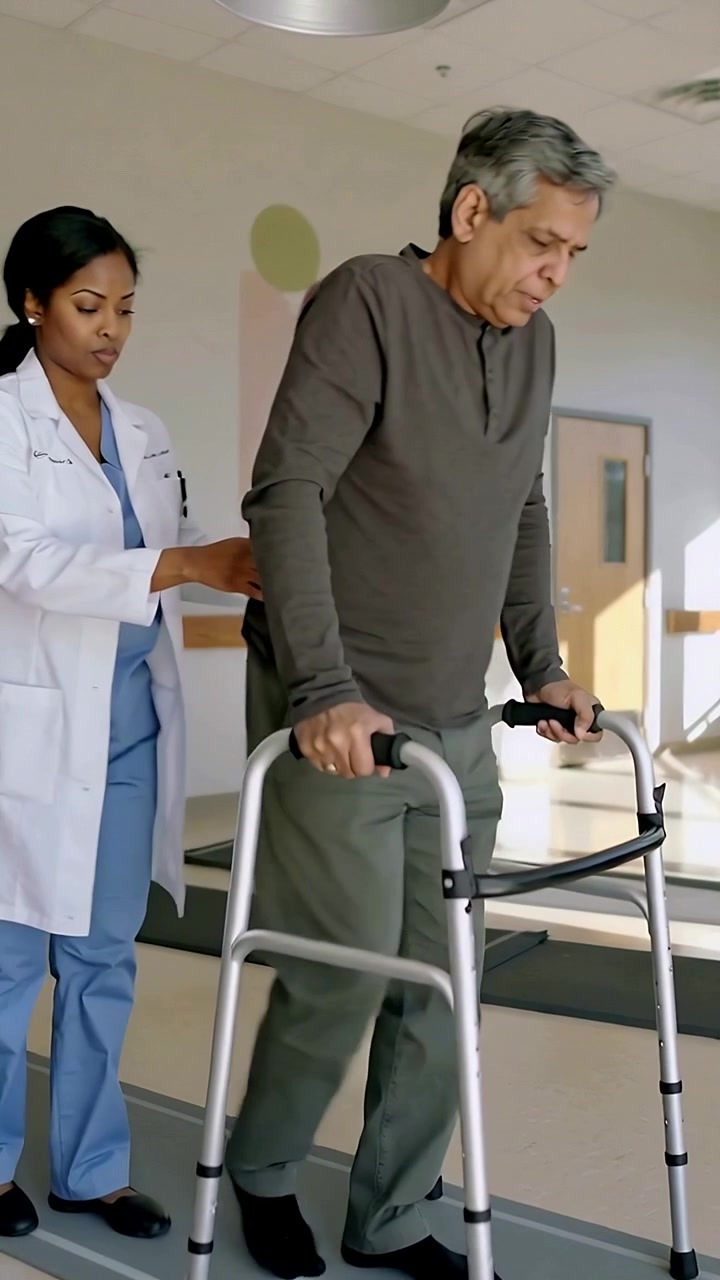 Vertical video: Walking from left, senior using walker over mats for rehab, nurse in scrubs helping
