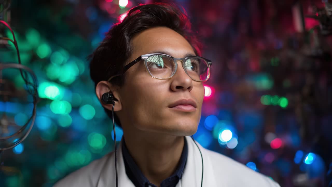 A thoughtful young individual in a lab coat gazes upwards, surrounded by a vibrant backdrop of colorful lights and intricate scientific equipment, embodying curiosity and innovation in a scientific environment