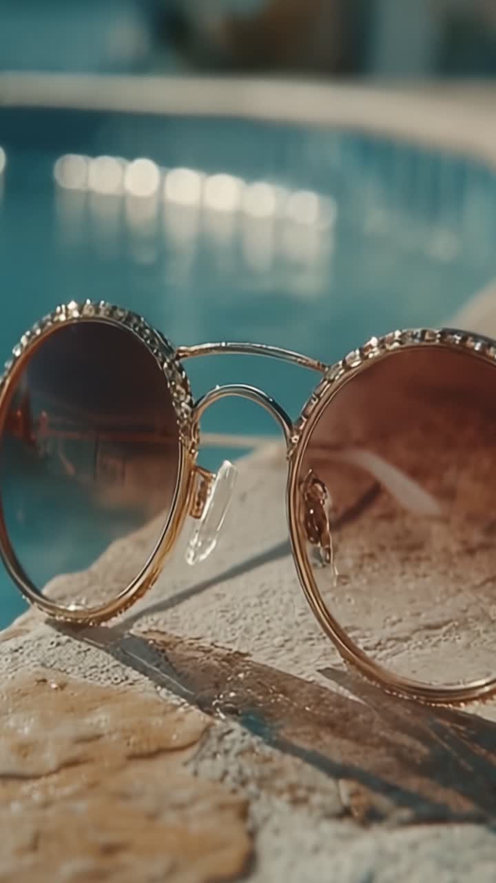 Elegante solbriller ligger ved en forfriskende pool, funkler i sollyset og fanger essensen af sommerafslapning og stil i hvert billede.