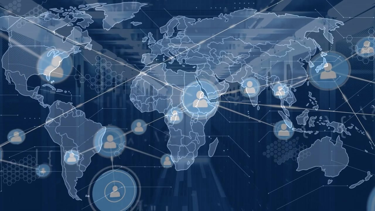 Animation of network of connections and data processing with world map over server room