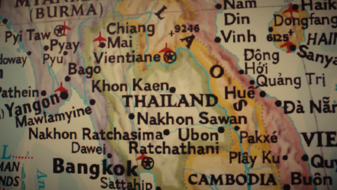 Close-up of a map focusing on Thailand and surrounding Southeast Asian countries