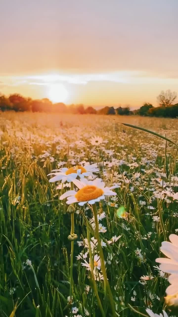 Nærbillede, lavvinkel video af margueritter på en mark ved solnedgang, der fanger rolig, naturlig skønhed.